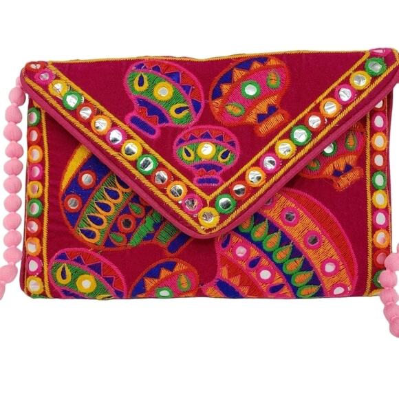 Envelope Purse with Embroidered Colorful Latern Pattern and Pom Pom Strap - Picture 2 of 8